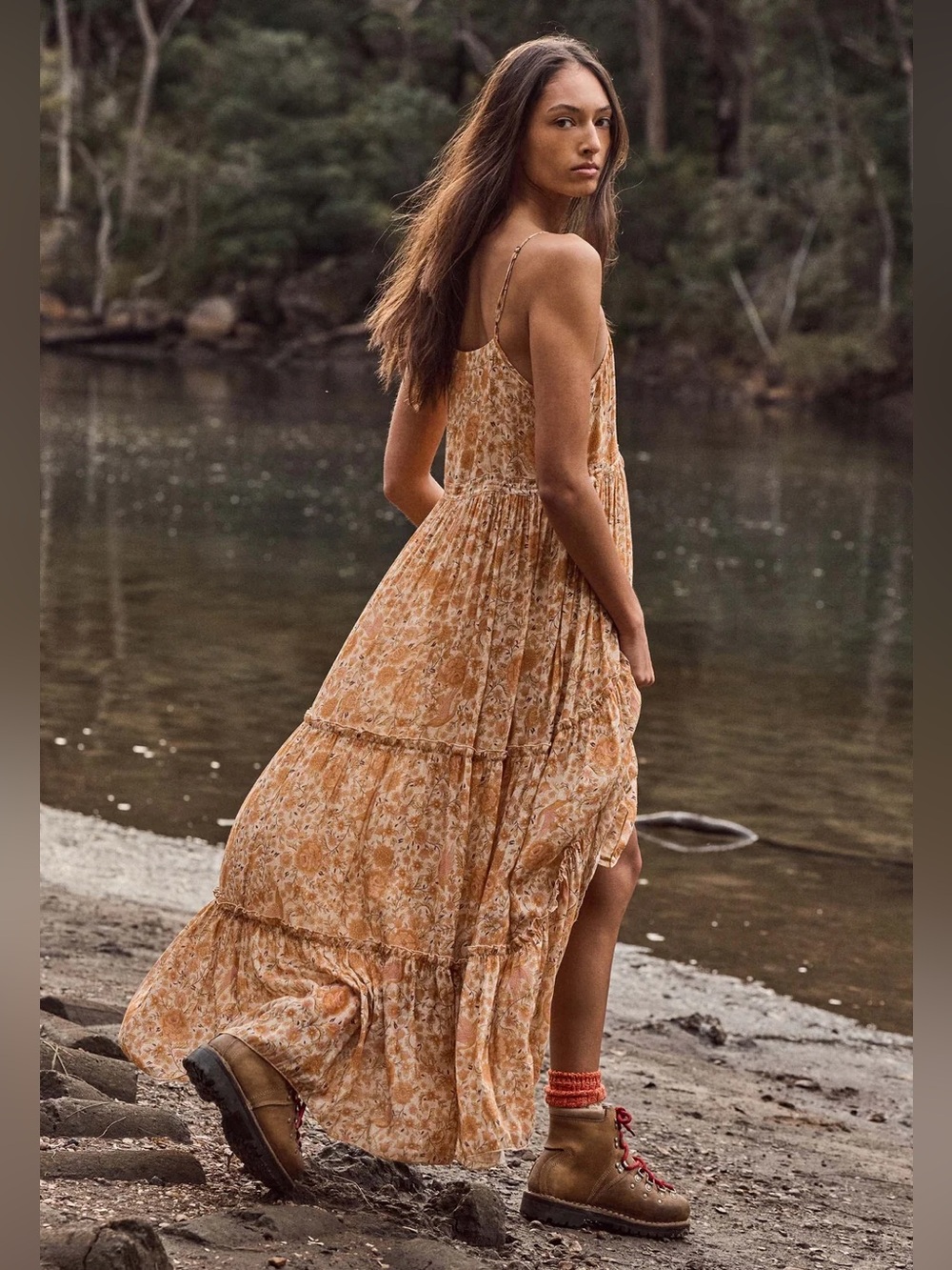 NWOT Spell & the gypsy Sunwashed Strappy Midi Dress brown/pink floral, XL. - Picture 8 of 12